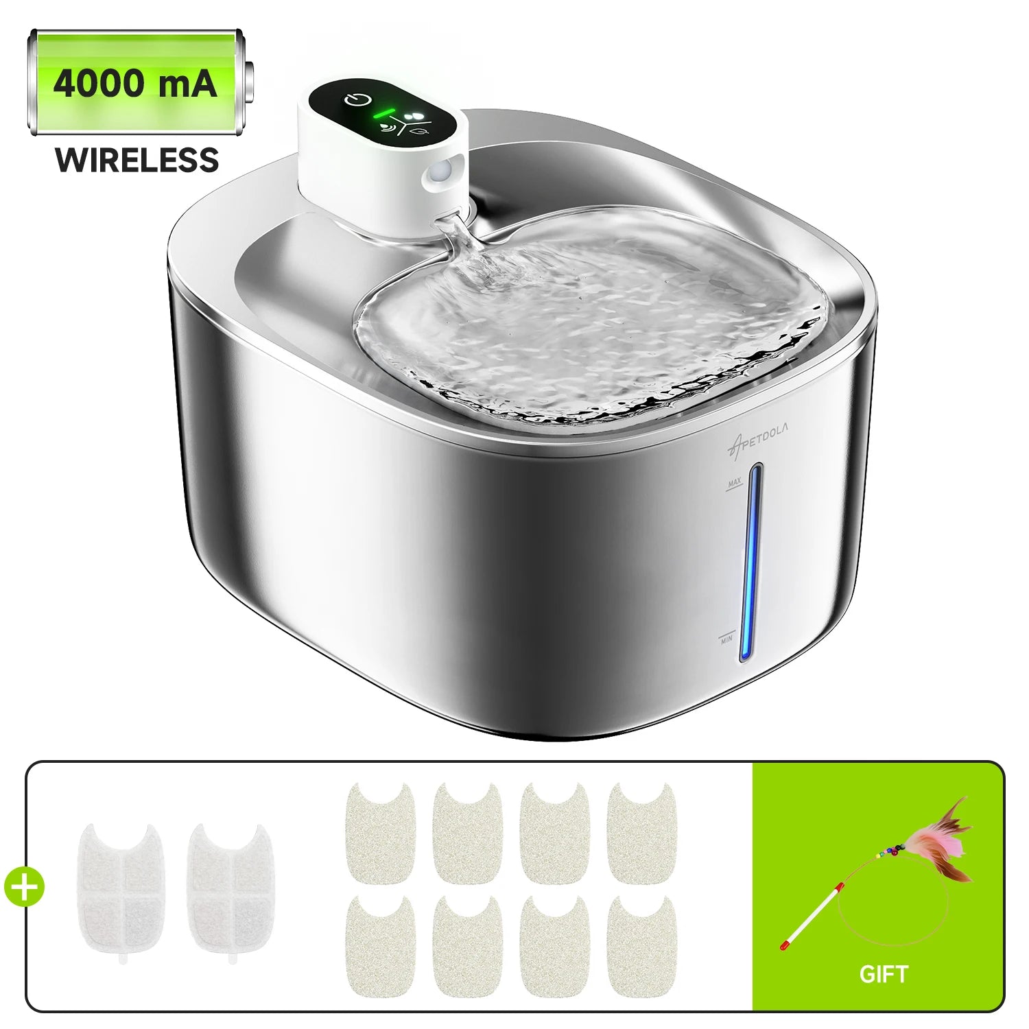 APETDOLA 4L Wireless Stainless Steel Pet Water Fountain – 6-Layer Filtration & Motion Sensor for Cats & Dogs