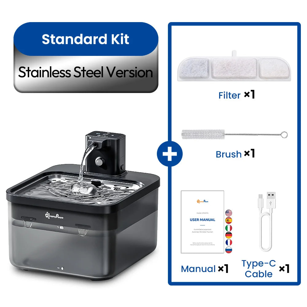 DownyPaws 2.5L Wireless Stainless Steel Cat Water Fountain – 4000mAh Battery & Motion Sensor
