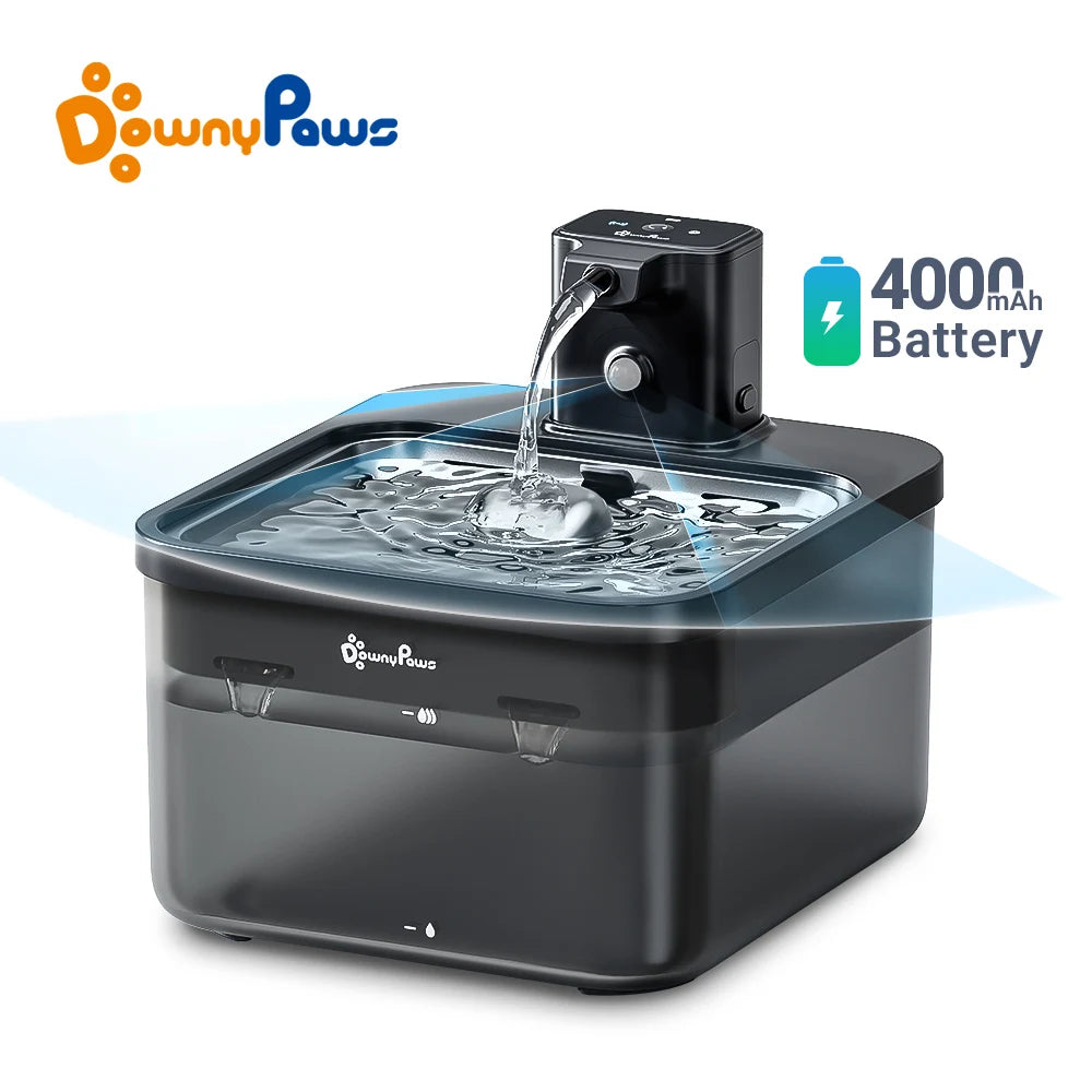 DownyPaws 2.5L Wireless Stainless Steel Cat Water Fountain – 4000mAh Battery & Motion Sensor
