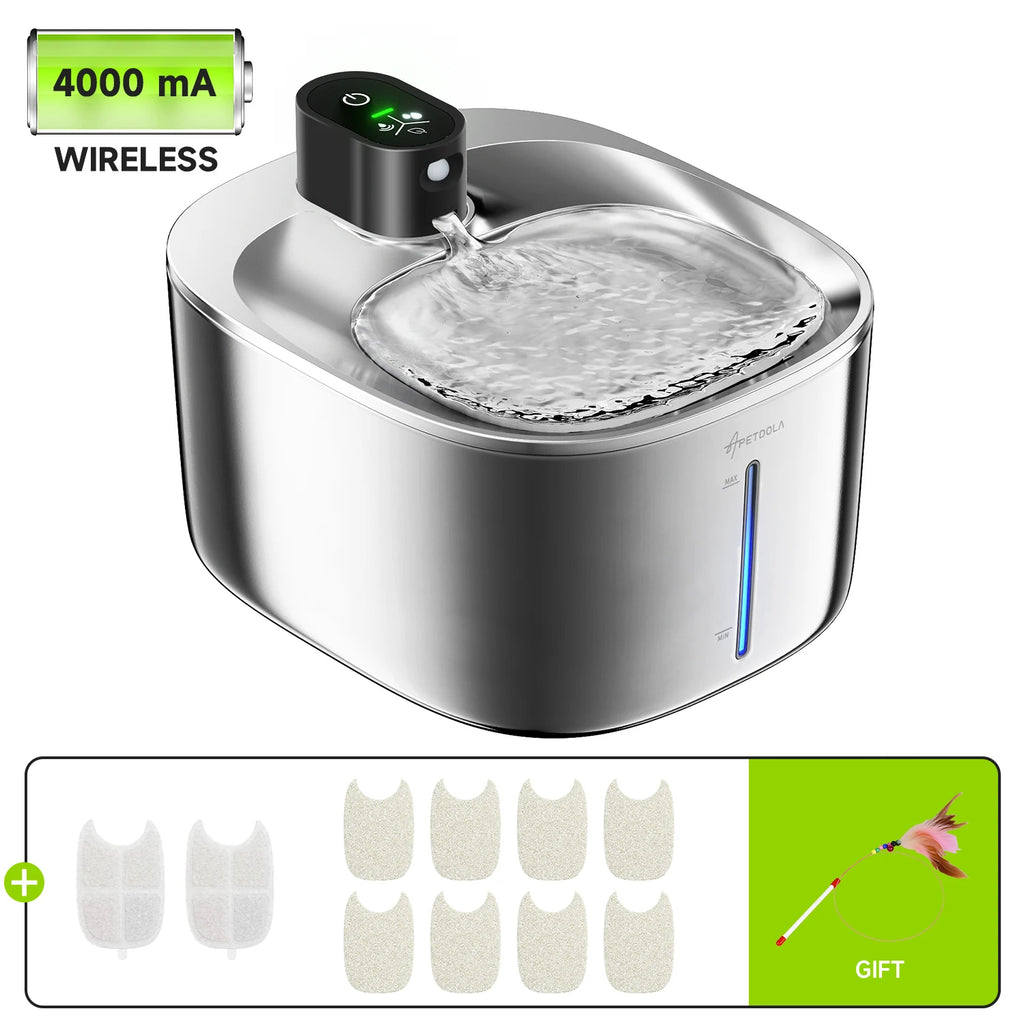 APETDOLA 4L Wireless Stainless Steel Pet Water Fountain – 6-Layer Filtration & Motion Sensor for Cats & Dogs